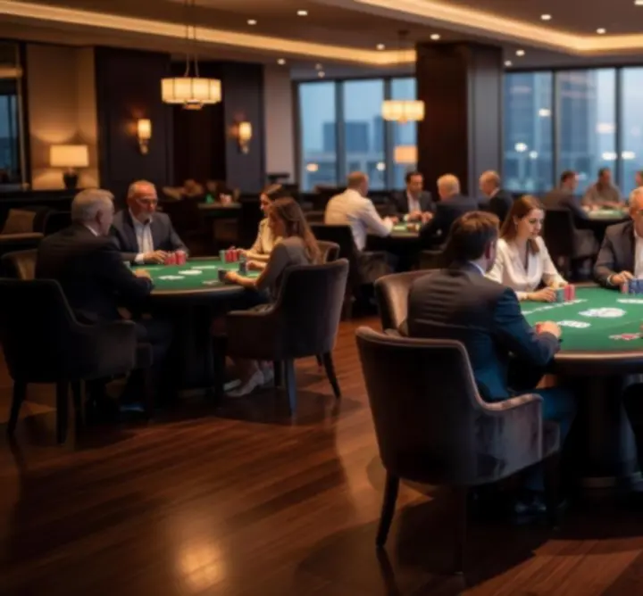 Wnętrze klubu Cards and Sports z graczami przy stołach pokerowych