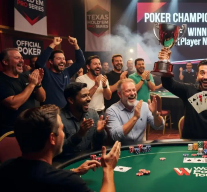 Zwycięzcy turnieju pokerowego świętujący wygraną w Cards and Sports
